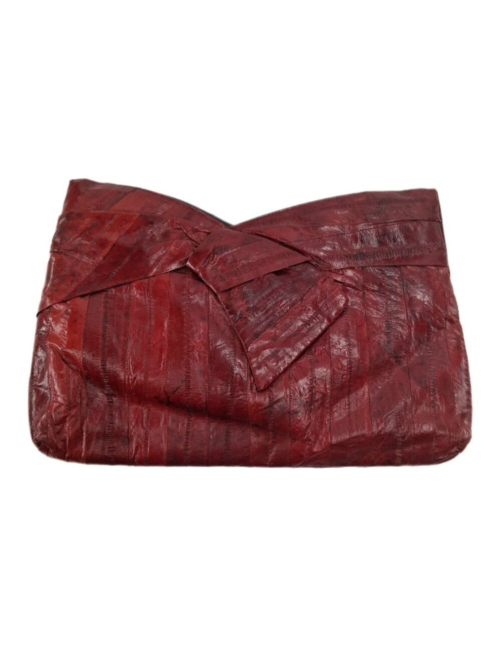 Vintage Eel Skin Leather Clutch Bag Oxblood Red Bow Convertible Shoulder Purse